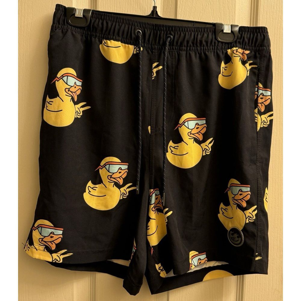 Neff Swim Trunks Mens Large Black‎ Duck With Glasses Printed Stretch NWT